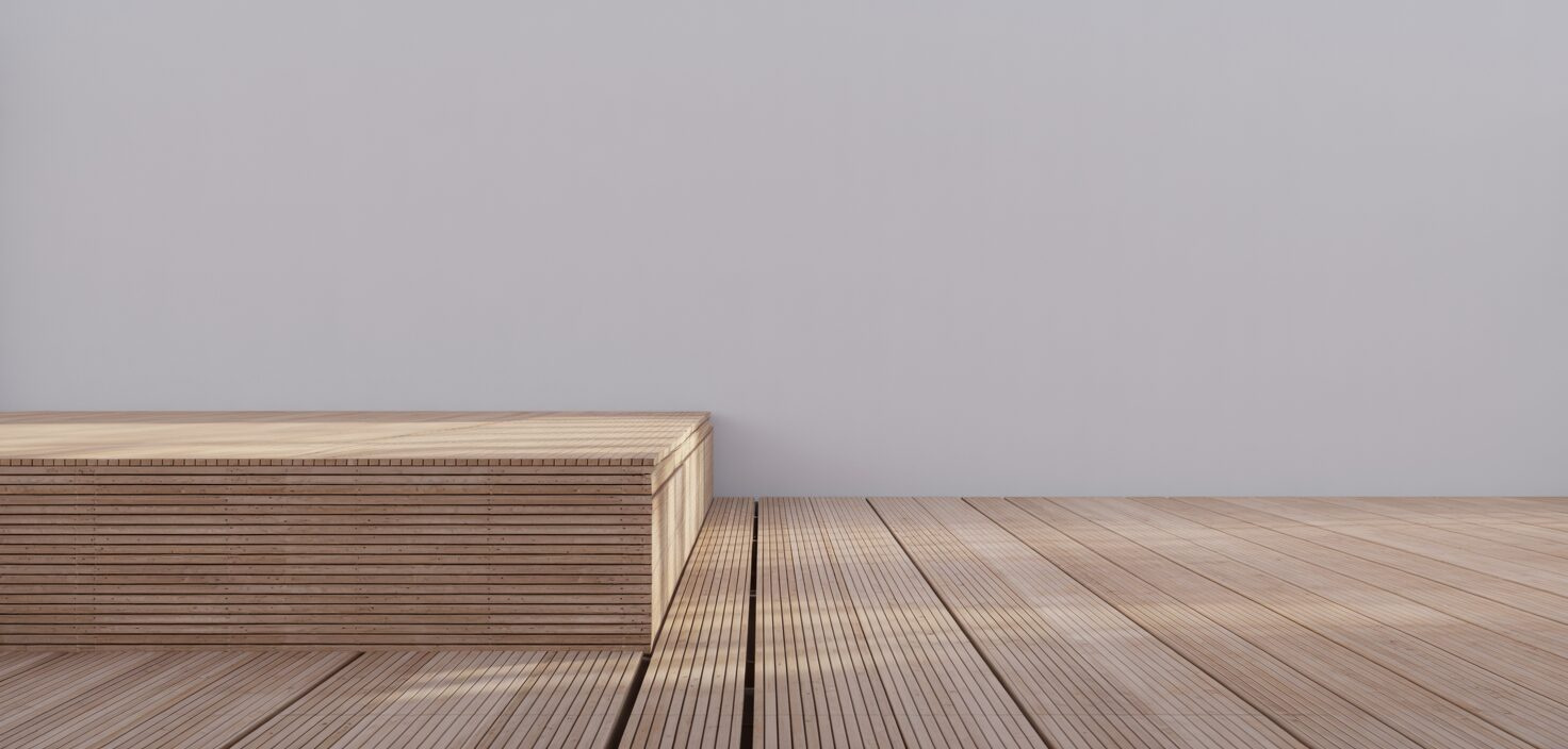 Fotorealistinen valokuva minimalistisesta terassista, jossa on ristikko ja auringonpaiste.